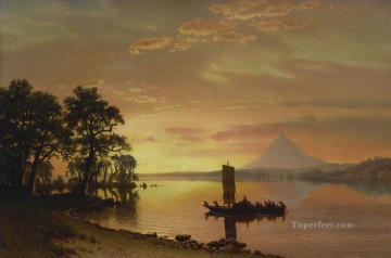 Artworks in 150 Subjects Painting - INDIANS ON THE COLUMBIA RIVER WITH MOUNT HOOD IN THE DISTANCE American Albert Bierstadt landscape